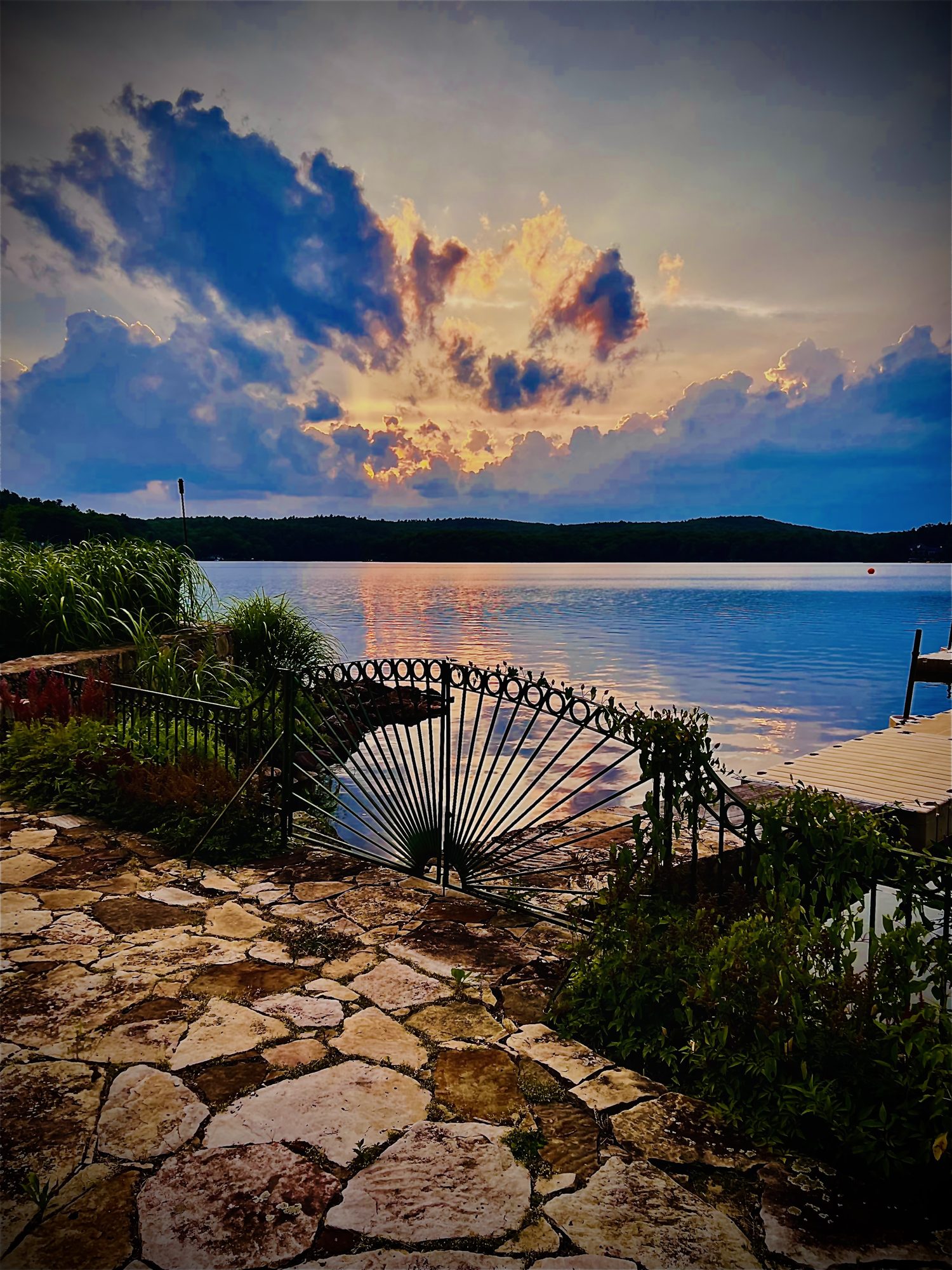 Sunset over the lake from the stone terrace